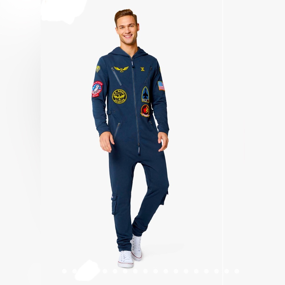 Onepiece aviator Navy Blue Hooded Jumpsuit with Patches